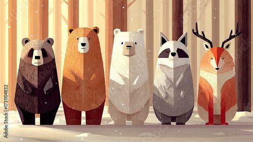 Five stylized animals stand in a snowy forest illustration.