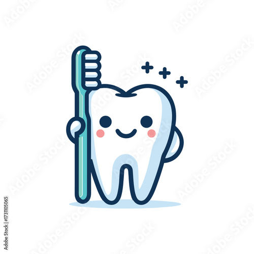 Happy cartoon tooth holding a toothbrush with sparkles
