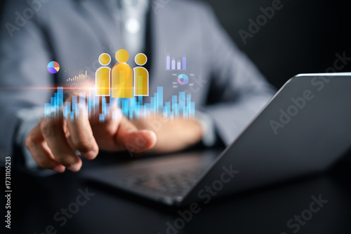 Corporate management with digital analytics, team and business data charts, representing strategy planning, human resources, decisions and organizational development.