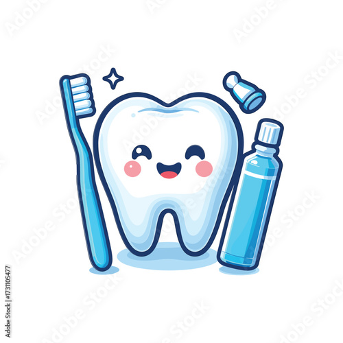 Happy cartoon tooth with toothbrush and mouthwash