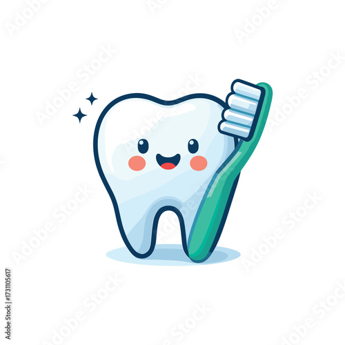 Happy cartoon tooth with toothbrush and sparkles