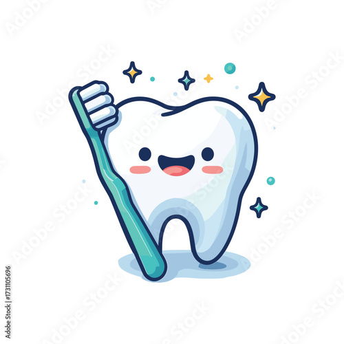 Happy cartoon tooth with toothbrush and sparkling stars