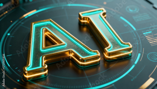 Luxurious 3D render of glowing golden AI letters placed on a high-tech platform. 