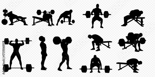 Silhouettes of men performing various barbell weightlifting and strength training exercises, including squats, deadlifts, and bench presses, on a transparent background.