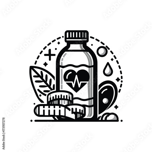 Healthy drink bottle with leaves and heart symbol