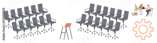 Central orange chair contrasted with black office chairs, paired with gear icon and two people discussing. Ideal for leadership, individuality, teamwork, innovation, strategy, management, minimalism