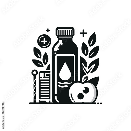 Healthy juice bottle with apple and test tube illustration