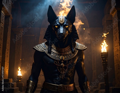 Powerful Egyptian God Anubis with Glowing Eyes in a Fiery, Torch-Lit Ancient Temple.