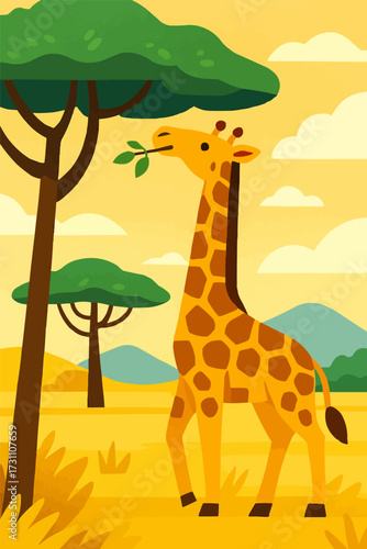 A flat vector illustration of a cheerful giraffe eating leaves from a tall tree in a savanna