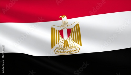 Waving national flag of Egypt with red, white, and black stripes and the golden Eagle of Saladin.