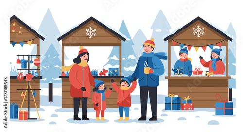 Festive winter outdoor market scene with family celebrating holiday season