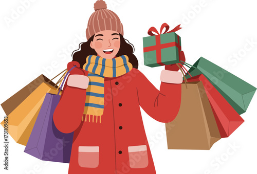 Joyful woman in winter attire happily carrying multiple shopping bags during holiday season