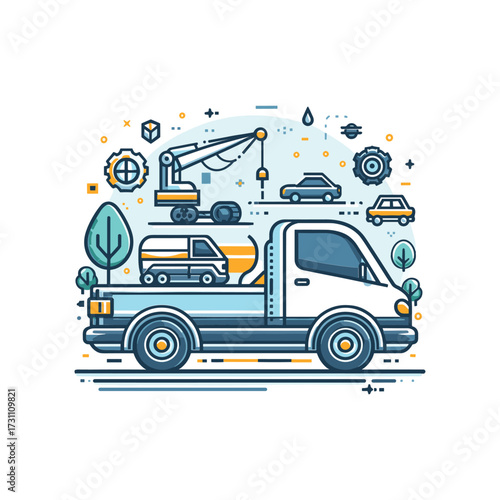 Illustration of a construction truck with machinery icons