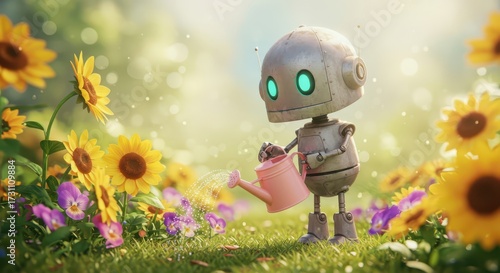 A charming little robot tends a garden filled with vibrant sunflowers and pansies, watering them carefully in a bright, sunny setting.