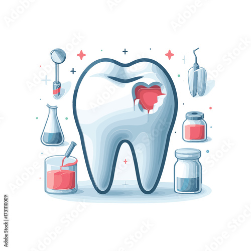 Illustration of a damaged tooth with dental tools nearby
