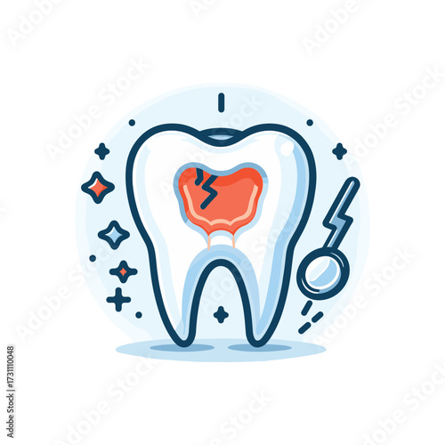 Illustration of a damaged tooth with dental tools