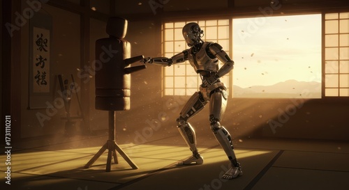 A metallic robot practices martial arts in a traditional dojo, showcasing dynamic movement and focused concentration.