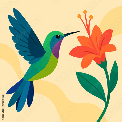A flat vector illustration of a vibrant hummingbird hovering near a tropical flower