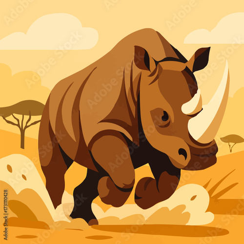 A flat vector illustration of a mighty rhinoceros charging through a dusty savanna