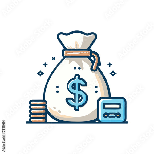 Illustration of a money bag with coins and a safe