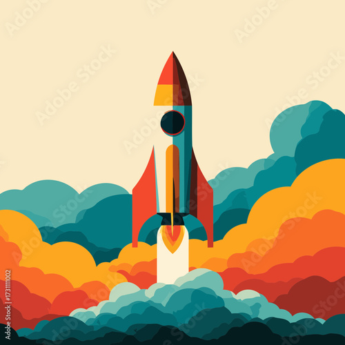Illustration of a startup rocket launching into the sky with bright clouds representing motivation leadership technology and progress