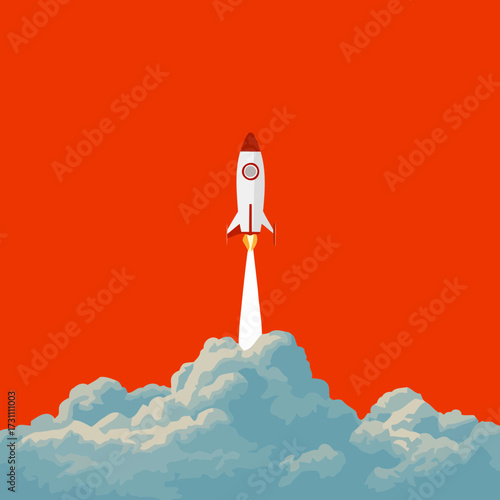 Vector startup rocket illustration launching into sky with clouds symbolizing futuristic business development creativity and innovation