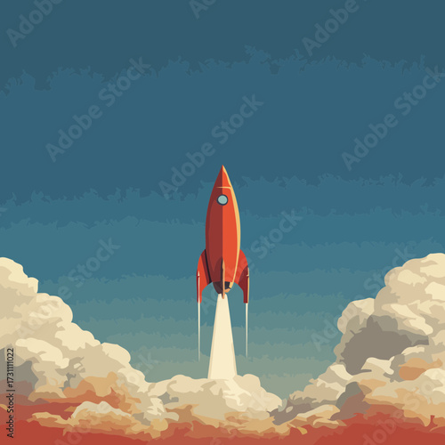 Abstract startup rocket illustration launching into clouds and sky symbolizing progress motivation business growth and innovation