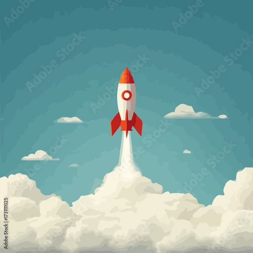 Minimal outline design vector of startup rocket taking off into clouds and sky symbolizing entrepreneurship business innovation and growth