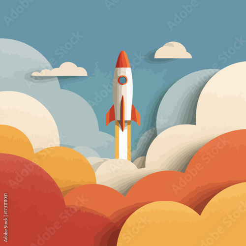 Modern geometric vector illustration of startup rocket launch into sky with clouds representing futuristic leadership and growth strategy