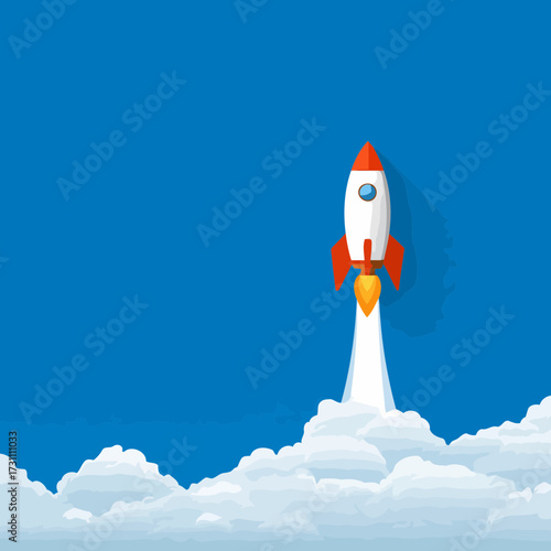 Creative futuristic vector art of a startup rocket launching into sky with clouds representing new project venture and success