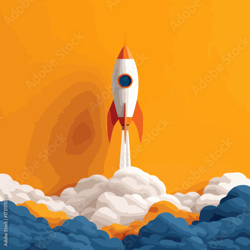 Stylish business concept vector rocket launching into the sky with clouds representing future innovation success and leadership vision