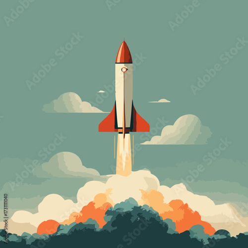Flat modern illustration of startup rocket launching into clouds sky symbolizing creativity entrepreneurship progress and futuristic vision