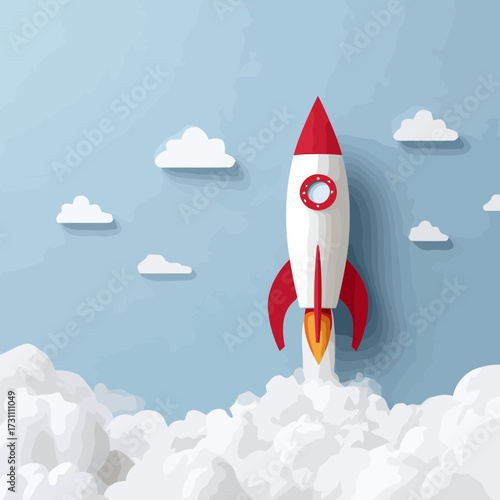 Flat icon style vector startup rocket launching into sky clouds symbolizing innovation creativity leadership and futuristic goals