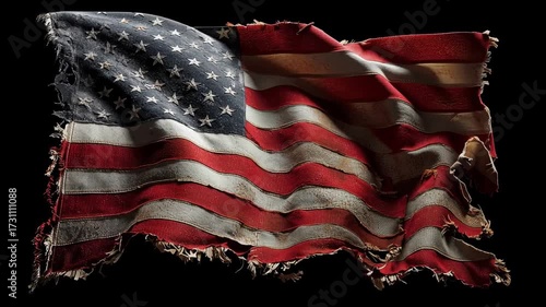 A worn and tattered American flag waves against a black background, symbolizing resilience, history, and patriotism.