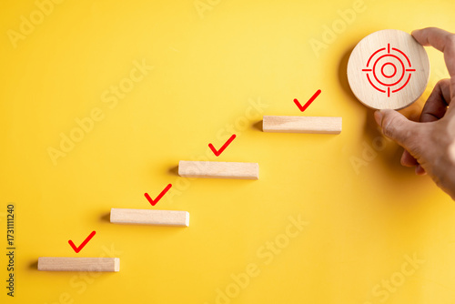 Goal target hit concept with check marks, and final target, achievement, productivity, planning, milestone completion, business growth, and success.