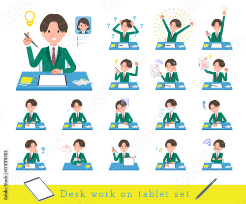 タブレット端末で学習するブレザー男子学生のセット
