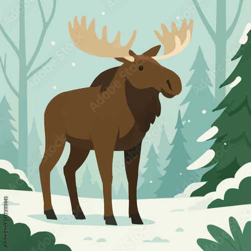 A flat vector illustration of a majestic moose standing in a snowy forest clearing