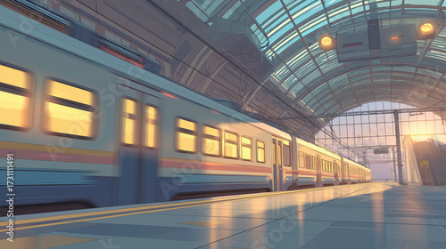 Wallpaper Mural Soft pastel gradient station interior with motion-trail train and lens flare, stylized architectural focus Torontodigital.ca