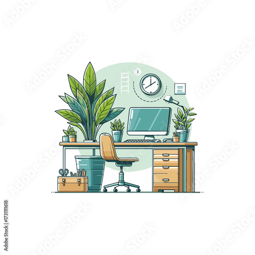 Modern home office with plants and clock on wall
