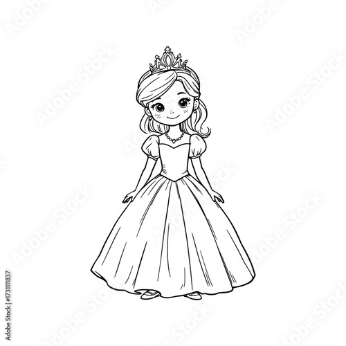 Illustration of a wearing a crown and an elegant ball gown with long hair and earrings in a simple line art style
