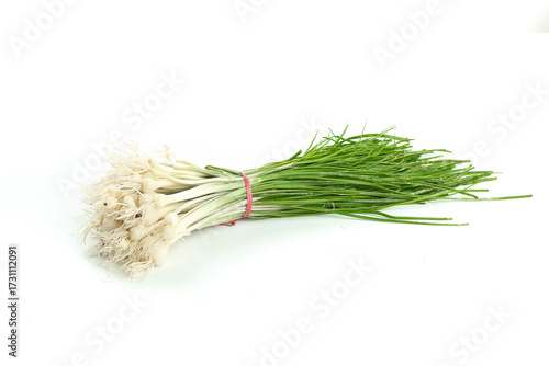 Quadro su tela Fresh Green Onions Scallions Bundle with Roots on White Background