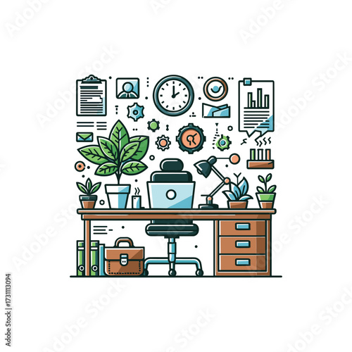 Modern workspace with plants and productivity tools