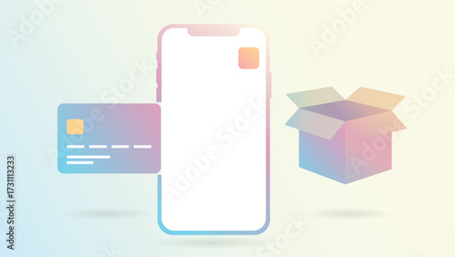 Minimal illustration of online shopping with smartphone credit card and delivery box showing digital payment and modern e commerce concept for business and retail