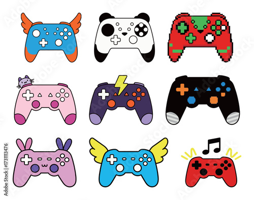 Collection of various vibrant and cute cartoon gaming controllers featuring unique designs such as wings, cats, pandas, bunnies, lightning bolts, and pixel art, ideal for game graphics or merchandise.