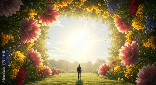 Fototapeta Naklejka Na Ścianę i Meble -  Person standing in floral archway leading to sunlight and green meadow