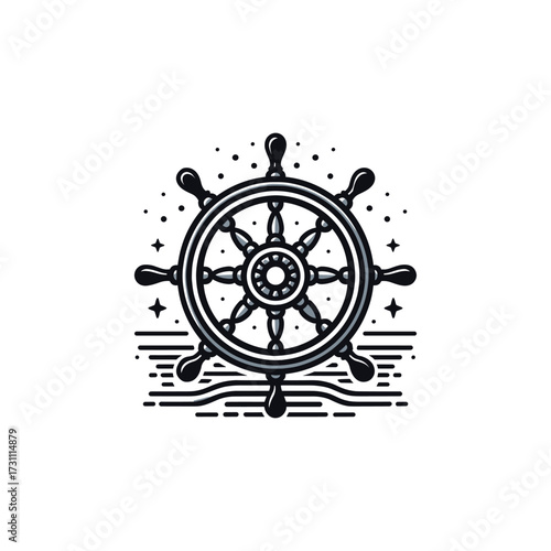 Nautical steering wheel design with stars and waves