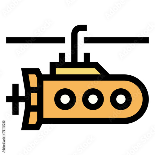 Icono de submarino. Embarcación subacuática utilizada en exploración, defensa y transporte marítimo especial. Ilustración vectorial