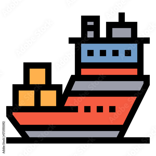 Icono de barco de carga. Embarcación marítima utilizada en transporte internacional de mercancías y contenedores. Ilustración vectorial