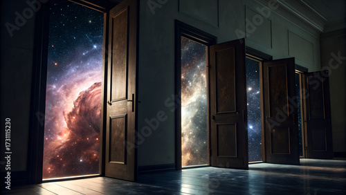 Series of glowing doorways opening in deep space