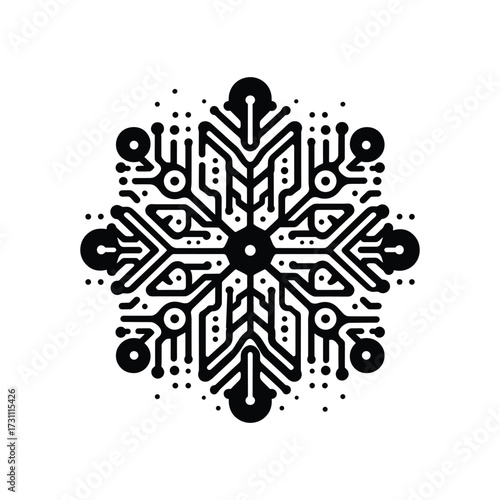 Intricate black and white snowflake design with circuits